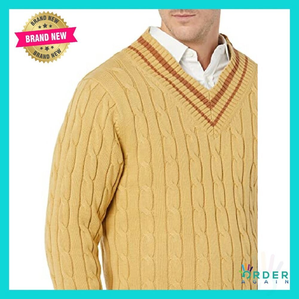Men's Cable Knit V-Neck Sweater Classic Minimal Preppy Layering Essential - Picture 6 of 8